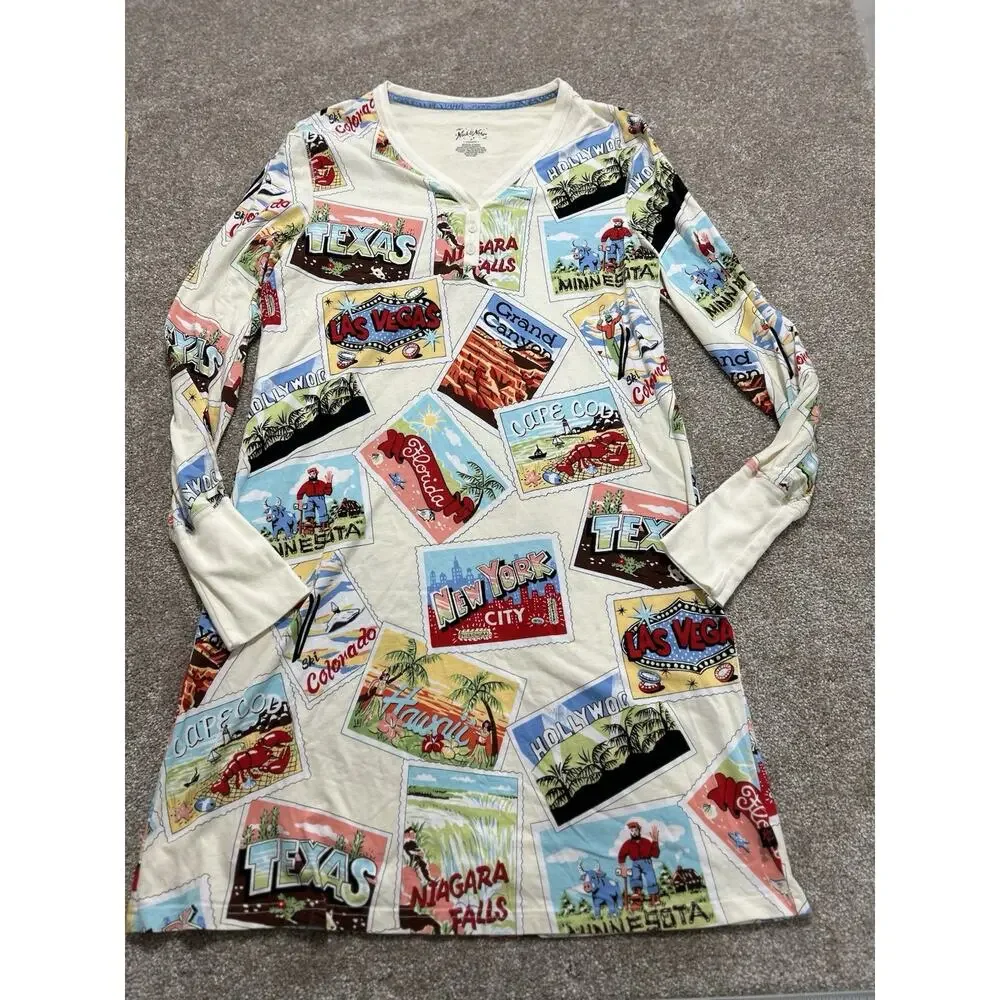 Nick & Nora‎ Travel Postcard Print Long Sleeve Pajama Dress Nightgown Size Small